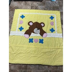 Vintage Handmade‎ Embroidered Baby Kids Quilt "Sleepy Teddy" 33 x 42 Blanket